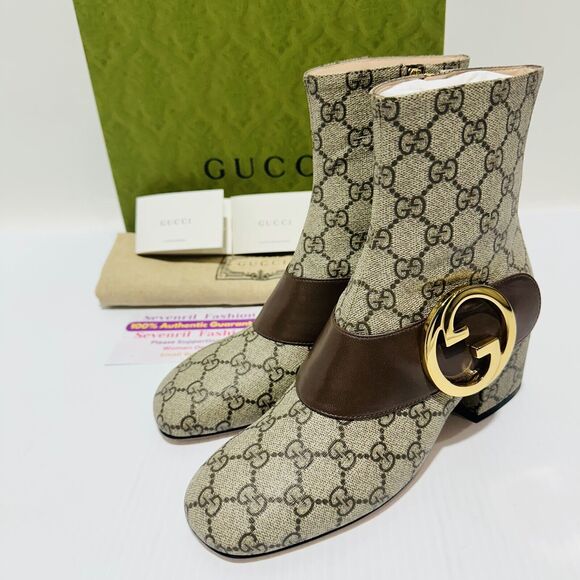 Gucci Blondie Interlocking GG Supreme US 6.5 Bootie Brown Canvas Boots NIB - Picture 4 of 12